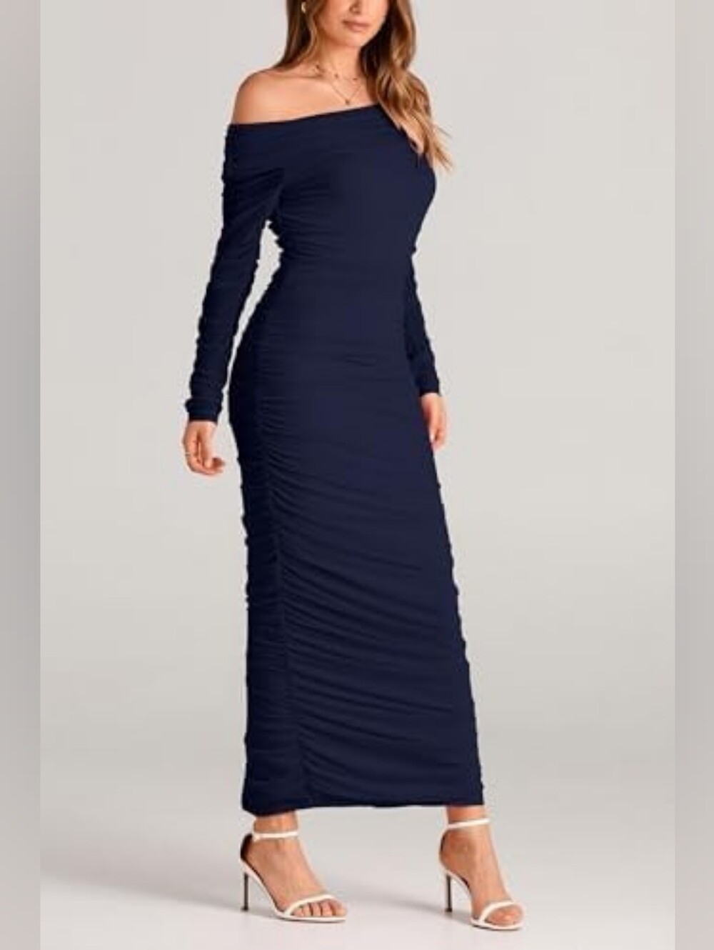 Off-Shoulder Navy Long Sleeve Ruched Maxi Dress